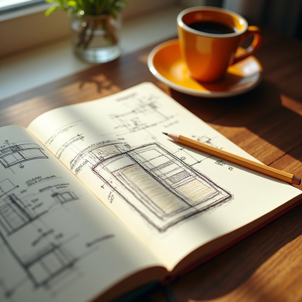 Cuaderno con diagramas de un sistema fotovoltaico dibujados a mano junto a una taza de café