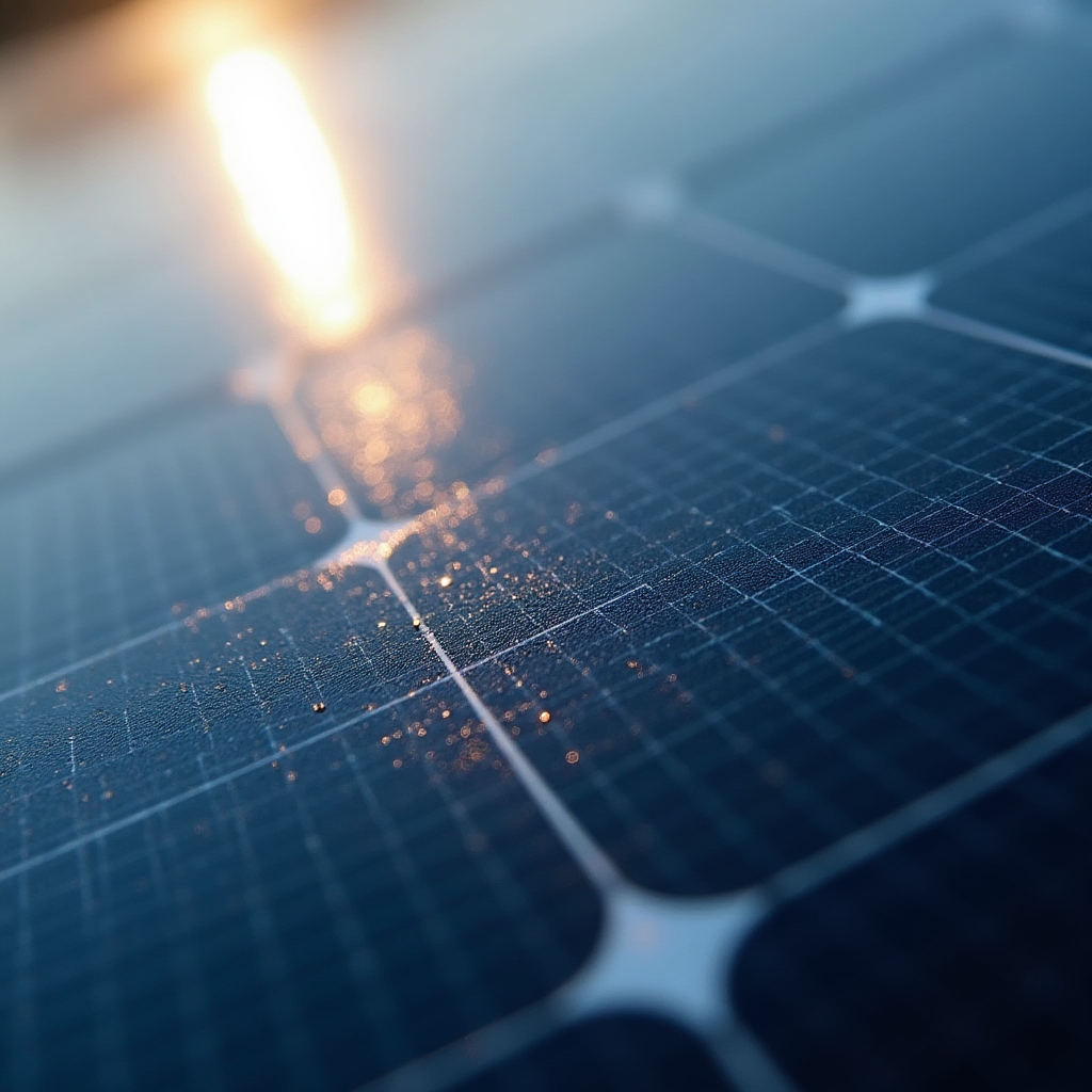 Primer plano de células fotovoltaicas de un panel solar bajo luz lateral