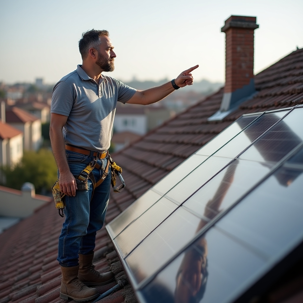 Técnico observando un tejado residencial analizando sombras y orientación de paneles solares